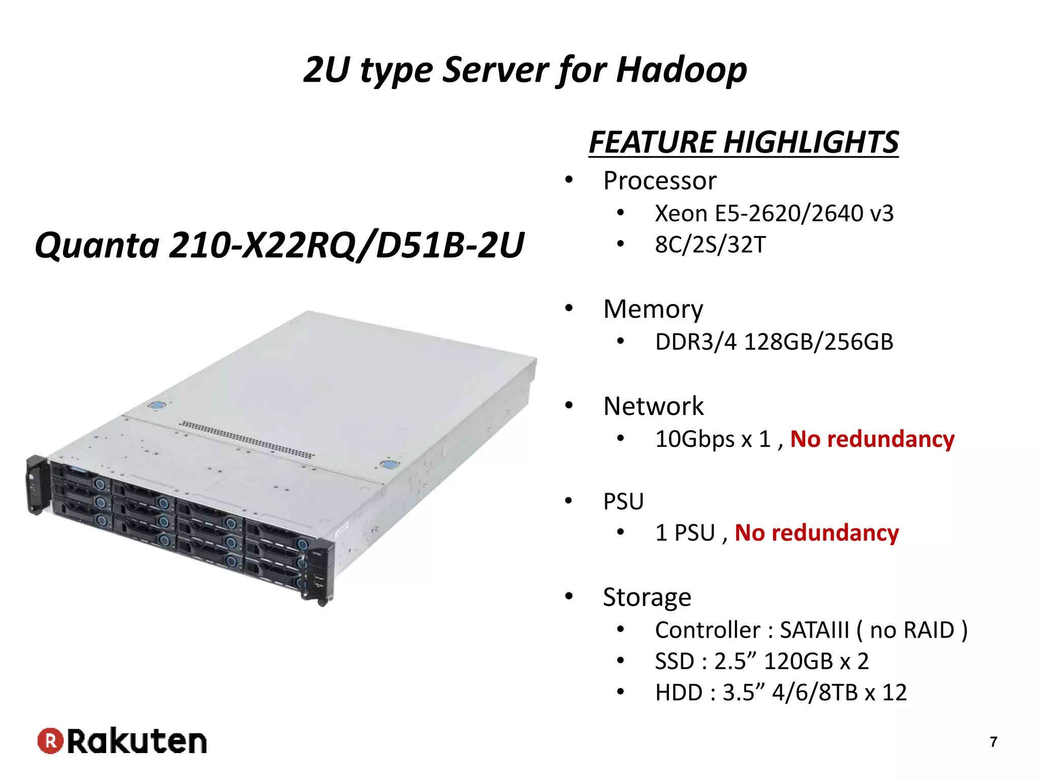 7
Quanta 210-X22RQ/D51B-2U
2U type Server for Hadoop
FEATURE HIGHLIGHTS
• Processor
• Xeon E5-2620/2640 v3
• 8C/2S/32T
• Memory
• DDR3/4 128GB/256GB
• Network
• 10Gbps x 1 , No redundancy
• PSU
• 1 PSU , No redundancy
• Storage
• Controller : SATAIII ( no RAID )
• SSD : 2.5” 120GB x 2
• HDD : 3.5” 4/6/8TB x 12
 