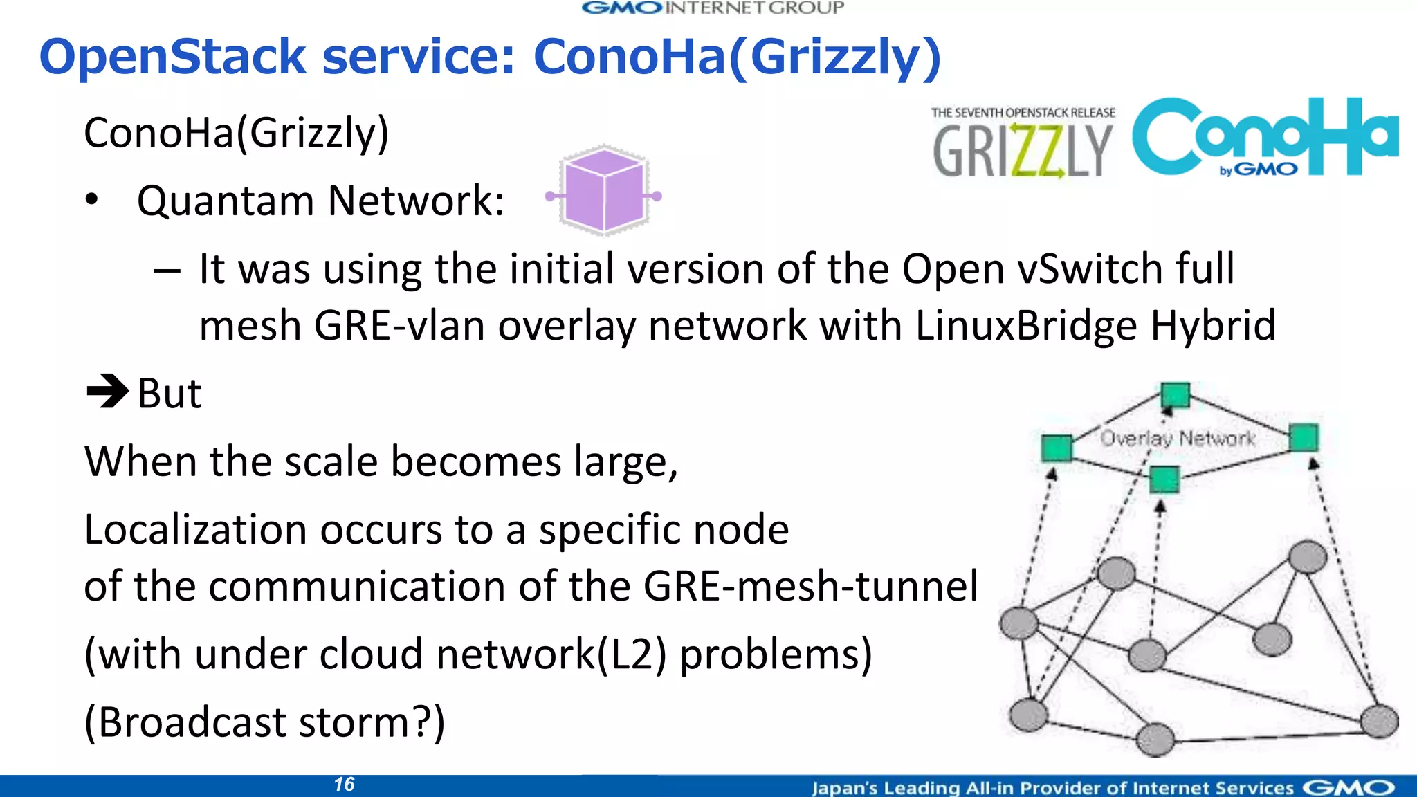16
ConoHa(Grizzly)
• Quantam Network:
– It was using the initial version of the Open vSwitch full
mesh GRE-vlan overlay network with LinuxBridge Hybrid
But
When the scale becomes large,
Localization occurs to a specific node
of the communication of the GRE-mesh-tunnel
(with under cloud network(L2) problems)
(Broadcast storm?)
OpenStack service: ConoHa(Grizzly)
 