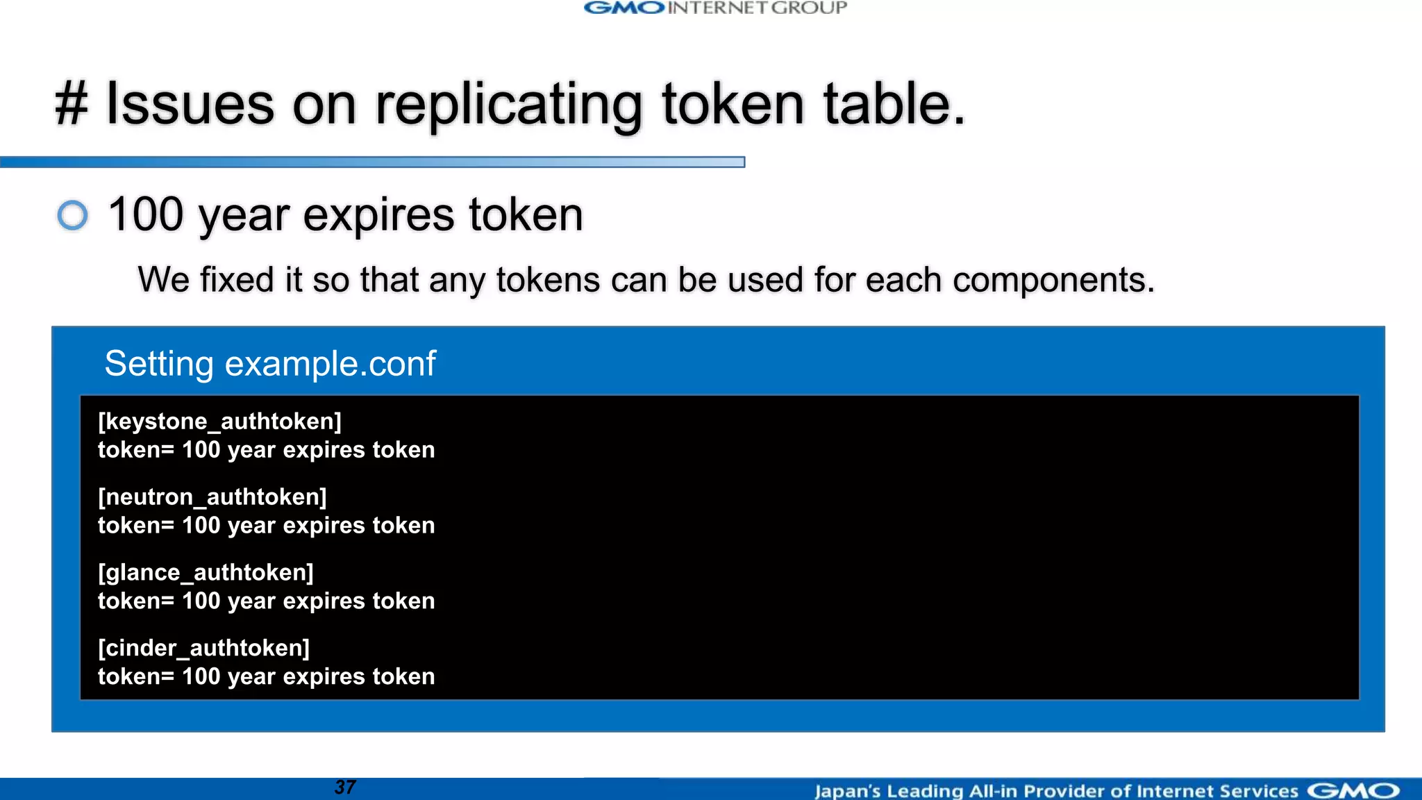 37
Setting example.conf
[keystone_authtoken]
token= 100 year expires token
[neutron_authtoken]
token= 100 year expires token
[glance_authtoken]
token= 100 year expires token
[cinder_authtoken]
token= 100 year expires token
# Issues on replicating token table.
 100 year expires token
We fixed it so that any tokens can be used for each components.
 