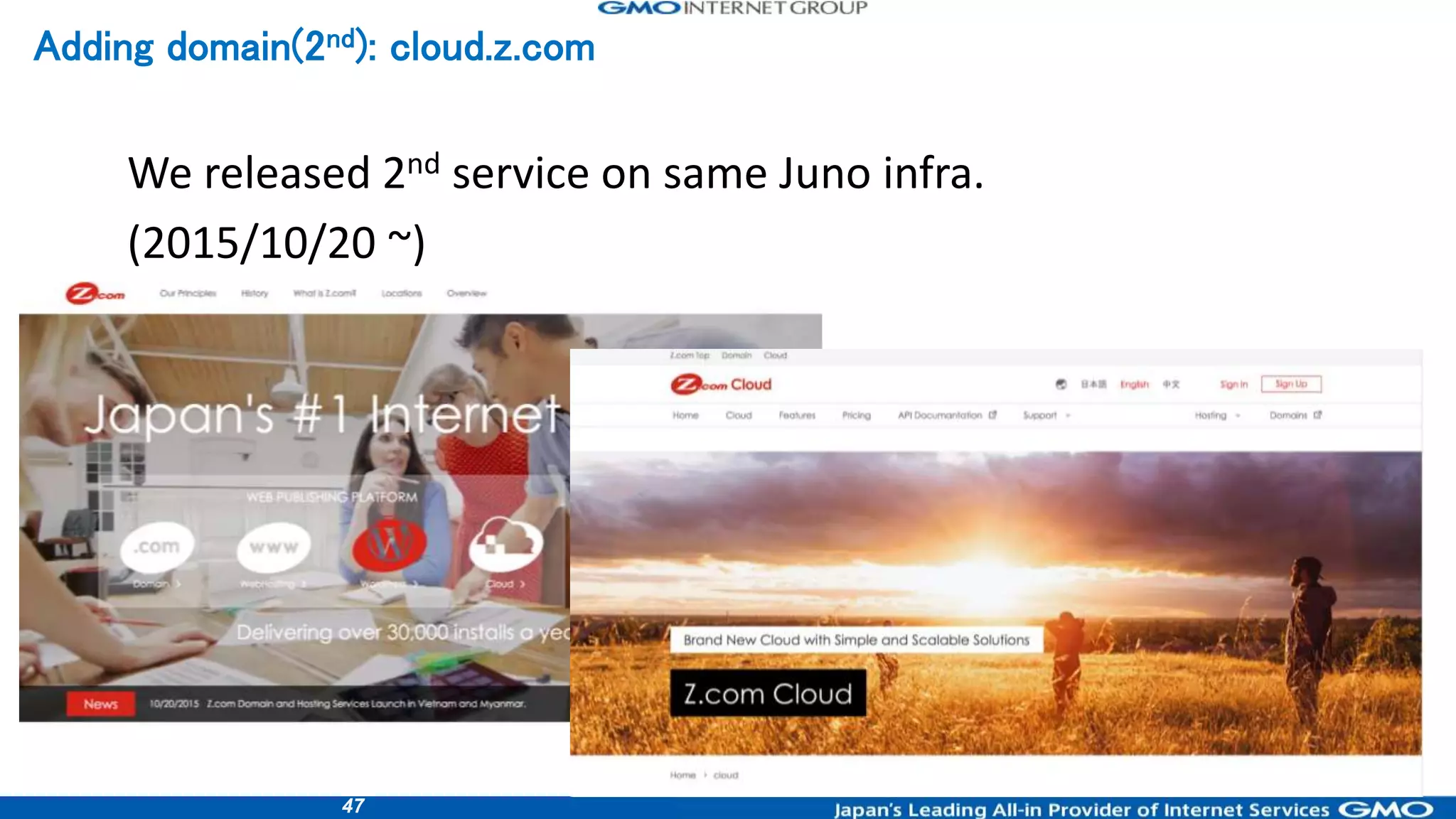 47
We released 2nd service on same Juno infra.
(2015/10/20 ~)
Adding domain(2nd): cloud.z.com
 