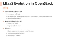 LBaaS Evolution in OpenStack
• Neutron LBaaS v1.0 API
– Introduced in Grizzly
– Lacked several key advanced features: SSL support, rules based switching
– Deprecated in Liberty
• Neutron LBaaS v2.0 API
– Introduced in Kilo
– Deprecated in Queens
• Octavia
– LBaaS as a separate project; out of Neutron
– Superset over LBaaS v2.0 API
– Default since Queens
 