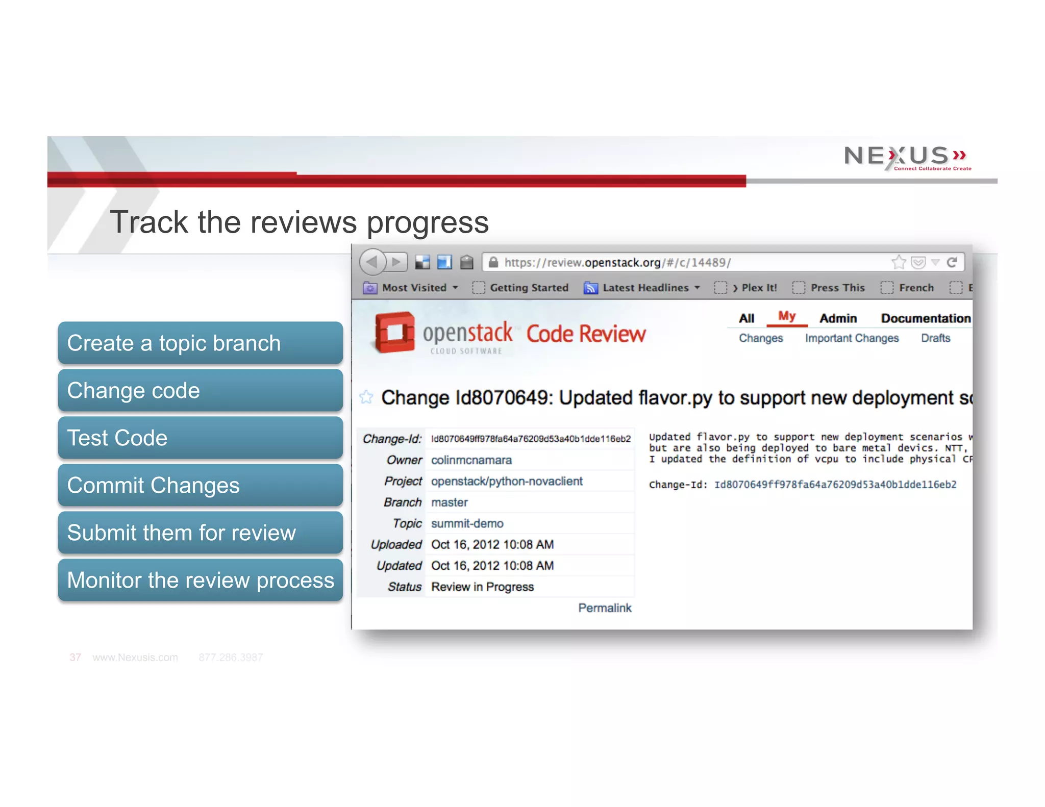 Track the reviews progress


Create a topic branch

Change code

Test Code

Commit Changes

Submit them for review

Monitor the review process


37   www.Nexusis.com   877.286.3987
 