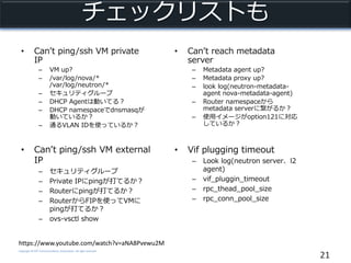 Copyright © NTT Communications Corporation. All right reserved.
チェックリストも
• Can’t ping/ssh VM private
IP
– VM up?
– /var/log/nova/*
/var/log/neutron/*
– セキュリティグループ
– DHCP Agentは動いてる？
– DHCP namespaceでdnsmasqが
動いているか？
– 通るVLAN IDを使っているか？
21
https://www.youtube.com/watch?v=aNA8Pvewu2M
• Can’t ping/ssh VM external
IP
– セキュリティグループ
– Private IPにpingが打てるか？
– Routerにpingが打てるか？
– RouterからFIPを使ってVMに
pingが打てるか？
– ovs-vsctl show
• Can’t reach metadata
server
– Metadata agent up?
– Metadata proxy up?
– look log(neutron-metadata-
agent nova-metadata-agent)
– Router namespaceから
metadata serverに繋がるか？
– 使用イメージがoption121に対応
しているか？
• Vif plugging timeout
– Look log(neutron server、l2
agent)
– vif_pluggin_timeout
– rpc_thead_pool_size
– rpc_conn_pool_size
 