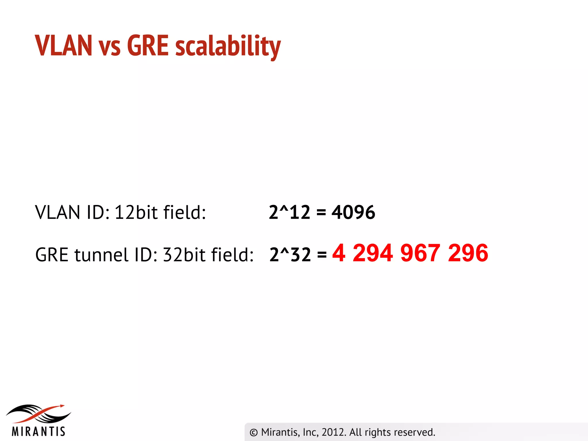 VLAN vs GRE scalability




VLAN ID: 12bit field:     2^12 = 4096

GRE tunnel ID: 32bit field: 2^32 = 4   294 967 296
 