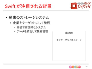 Swift が注目される背景

●   従来のストレージシステム
    ●   企業をターゲットにして発展
        –   高価で高信頼なシステム
        –   データを統合して集約管理      自主規制


                           エンタープライズイメージ




                                          10
 