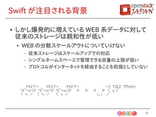 Swift が注目される背景

●   しかし爆発的に増えている WEB 系データに対して
    従来のストレージは親和性が低い
    ●   WEB の分散スケールアウトについていけない
        –   従来ストレージはスケールアップでの対応
        –   シングルネームスペースで管理できる容量の上限が低い
        –   プロトコルがインターネットを経由することを前提としていない




                                        12
 