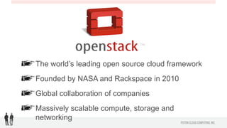!    The world’s leading open source cloud framework
!    Founded by NASA and Rackspace in 2010
!    Global collaboration of companies
!    Massively scalable compute, storage and networking

 