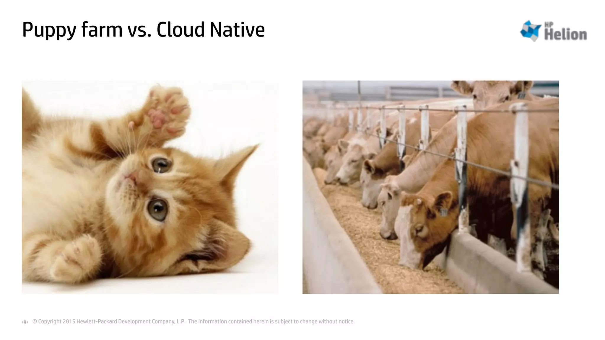 © Copyright 2015 Hewlett-Packard Development Company, L.P. The information contained herein is subject to change without notice.‹#›
Puppy farm vs. Cloud Native
 