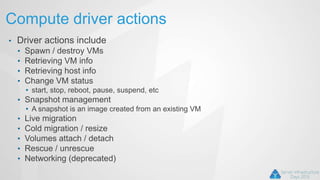 Compute driver actions
• Driver actions include
• Spawn / destroy VMs
• Retrieving VM info
• Retrieving host info
• Change VM status
• start, stop, reboot, pause, suspend, etc
• Snapshot management
• A snapshot is an image created from an existing VM
• Live migration
• Cold migration / resize
• Volumes attach / detach
• Rescue / unrescue
• Networking (deprecated)
 