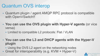 Quantum OVS interop
• Quantum plugin / agent AMQP RPC protocol is compatible
with OpenVSwitch!!
• You can use the OVS plugin with Hyper-V agents (or vice
versa)
• Limited to compatible L2 protocols: Flat / VLAN
• You can use the L3 and DHCP agents with the Hyper-V
plugin
• Using the OVS L2 agent on the networking nodes
• Great for interoperability (e.g. KVM + Hyper-V)
 