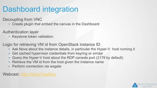 Dashboard integration
Decoupling from VNC
• Create plugin that embed the canvas in the Dashboard
Authentication layer
• Keystone token validation
Logic for retrieving VM id from OpenStack instance ID
• Ask Nova about the instance details, in particular the Hyper-V host running it
• Get cached hypervisor credentials from keyring or similar
• Query the Hyper-V host about the RDP console port (2179 by default)
• Retrieve the VM id from the host given the instance name
• Perform connection via wsgate
Webcast: http://bit.ly/VgwMvs
 