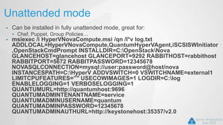 Unattended mode
• Can be installed in fully unattended mode, great for:
• Chef, Puppet, Group Policies…
• msiexec /i HyperVNovaCompute.msi /qn /l*v log.txt
ADDLOCAL=HyperVNovaCompute,QuantumHyperVAgent,iSCSISWInitiator
,OpenStackCmdPrompt INSTALLDIR=C:OpenStackNova
GLANCEHOST=glancehost GLANCEPORT=9292 RABBITHOST=rabbithost
RABBITPORT=5672 RABBITPASSWORD=12345678
NOVASQLCONNECTION=mysql://user:password@host/nova
INSTANCESPATH=C:HyperV ADDVSWITCH=0 VSWITCHNAME=external1
LIMITCPUFEATURES=”" USECOWIMAGES=1 LOGDIR=C:log
ENABLELOGGING=1 VERBOSELOGGING=1
QUANTUMURL=http://quantumhost:9696
QUANTUMADMINTENANTNAME=service
QUANTUMADMINUSERNAME=quantum
QUANTUMADMINPASSWORD=12345678
QUANTUMADMINAUTHURL=http://keystonehost:35357/v2.0
 