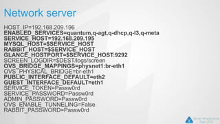 Network server
HOST_IP=192.168.209.196
ENABLED_SERVICES=quantum,q-agt,q-dhcp,q-l3,q-meta
SERVICE_HOST=192.168.209.195
MYSQL_HOST=$SERVICE_HOST
RABBIT_HOST=$SERVICE_HOST
GLANCE_HOSTPORT=$SERVICE_HOST:9292
SCREEN_LOGDIR=$DEST/logs/screen
OVS_BRIDGE_MAPPINGS=physnet1:br-eth1
OVS_PHYSICAL_BRIDGE=br-eth1
PUBLIC_INTERFACE_DEFAULT=eth2
GUEST_INTERFACE_DEFAULT=eth1
SERVICE_TOKEN=Passw0rd
SERVICE_PASSWORD=Passw0rd
ADMIN_PASSWORD=Passw0rd
OVS_ENABLE_TUNNELING=False
RABBIT_PASSWORD=Passw0rd
 
