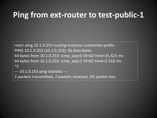 Ping from ext-router to test-public-1

root> ping 10.1.0.253 routing-instance cusotomer-public
PING 10.1.0.253 (10.1.0.253): 56 data bytes
64 bytes from 10.1.0.253: icmp_seq=0 ttl=62 time=31.423 ms
64 bytes from 10.1.0.253: icmp_seq=1 ttl=62 time=2.510 ms
^C
--- 10.1.0.253 ping statistics --2 packets transmitted, 2 packets received, 0% packet loss

 