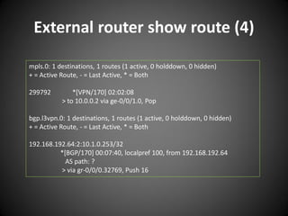External router show route (4)
mpls.0: 1 destinations, 1 routes (1 active, 0 holddown, 0 hidden)
+ = Active Route, - = Last Active, * = Both
299792

*[VPN/170] 02:02:08
> to 10.0.0.2 via ge-0/0/1.0, Pop

bgp.l3vpn.0: 1 destinations, 1 routes (1 active, 0 holddown, 0 hidden)
+ = Active Route, - = Last Active, * = Both

192.168.192.64:2:10.1.0.253/32
*[BGP/170] 00:07:40, localpref 100, from 192.168.192.64
AS path: ?
> via gr-0/0/0.32769, Push 16

 