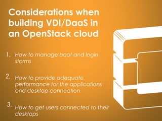 How to manage boot and login
storms
How to provide adequate
performance for the applications
and desktop connection
How to get users connected to their
desktops
Considerations when
building VDI/DaaS in
an OpenStack cloud
1.
2.
3.
 