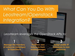 What Can You Do With
Leostream/Openstack
Integration?
Leostream leverages the OpenStack APIs to:
1
Manage the inventory
of instances (desktops)
in OpenStack
2
Provision new
instances from
existing images
3
Assign public IP
addresses to new
instances
 