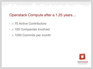 Openstack Compute after a 1.25 years… > 70 Active Contributors > 100 Companies Involved > 1200 Commits per month 
