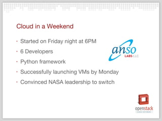 Cloud in a Weekend Started on Friday night at 6PM 6 Developers Python framework Successfully launching VMs by Monday Convinced NASA leadership to switch 