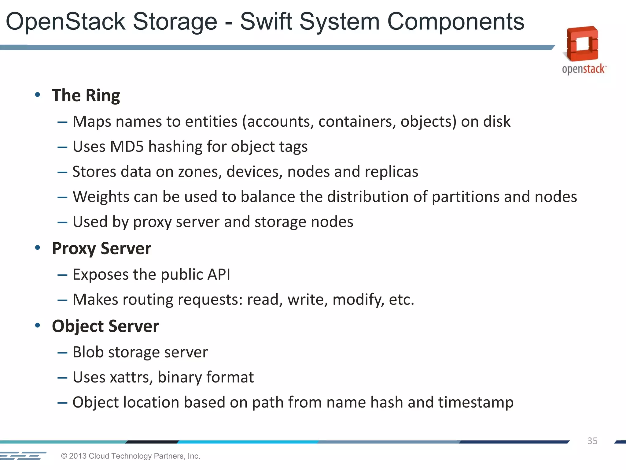 © 2013 Cloud Technology Partners, Inc.
35
• The Ring
– Maps names to entities (accounts, containers, objects) on disk
– Uses MD5 hashing for object tags
– Stores data on zones, devices, nodes and replicas
– Weights can be used to balance the distribution of partitions and nodes
– Used by proxy server and storage nodes
• Proxy Server
– Exposes the public API
– Makes routing requests: read, write, modify, etc.
• Object Server
– Blob storage server
– Uses xattrs, binary format
– Object location based on path from name hash and timestamp
OpenStack Storage - Swift System Components
 