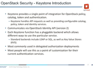 © 2013 Cloud Technology Partners, Inc.
25
• Keystone provides a single point of integration for OpenStack policy,
catalog, token and authentication.
– Keystone handles API requests as well as providing configurable catalog,
policy, token and identity services.
• Communicates via OpenStack Identity API (version 2)
• Each Keystone function has a pluggable backend which allows
different ways to use the particular service.
– Standard backends include LDAP or SQL, as well as Key Value Stores
(KVS).
• Most commonly used in delegated authorization deployments
• Most people will use this as a point of customization for their
current authentication services.
OpenStack Security - Keystone Introduction
 