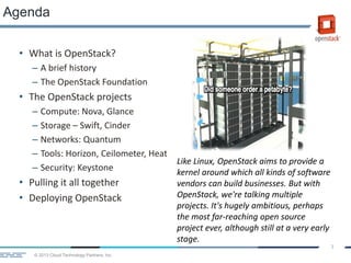 © 2013 Cloud Technology Partners, Inc.
3
• What is OpenStack?
– A brief history
– The OpenStack Foundation
• The OpenStack projects
– Compute: Nova, Glance
– Storage – Swift, Cinder
– Networks: Quantum
– Tools: Horizon, Ceilometer, Heat
– Security: Keystone
• Pulling it all together
• Deploying OpenStack
Agenda
Like Linux, OpenStack aims to provide a
kernel around which all kinds of software
vendors can build businesses. But with
OpenStack, we're talking multiple
projects. It's hugely ambitious, perhaps
the most far-reaching open source
project ever, although still at a very early
stage.
 
