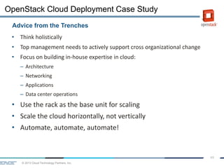 © 2013 Cloud Technology Partners, Inc.
49
• Think holistically
• Top management needs to actively support cross organizational change
• Focus on building in-house expertise in cloud:
– Architecture
– Networking
– Applications
– Data center operations
• Use the rack as the base unit for scaling
• Scale the cloud horizontally, not vertically
• Automate, automate, automate!
Advice from the Trenches
OpenStack Cloud Deployment Case Study
 
