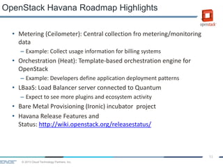 © 2013 Cloud Technology Partners, Inc.
51
• Metering (Ceilometer): Central collection fro metering/monitoring
data
– Example: Collect usage information for billing systems
• Orchestration (Heat): Template-based orchestration engine for
OpenStack
– Example: Developers define application deployment patterns
• LBaaS: Load Balancer server connected to Quantum
– Expect to see more plugins and ecosystem activity
• Bare Metal Provisioning (Ironic) incubator project
• Havana Release Features and
Status: http://wiki.openstack.org/releasestatus/
OpenStack Havana Roadmap Highlights
 