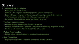 Structure
• The OpenStack Foundation
– Membership free for individuals
– Platinum, Gold, Corporate memberships paid for by member companies
– Board of Directors comprised of Platinum, some Gold, and generally elected members
• Provides strategic & financial oversight of Foundation resources & staff
– Controls the OpenStack brand & logo, coordinates events, etc
• The Technical Committee
– Provides technical leadership for OpenStack as a whole
– Enforces OpenStack ideals (Openness, Transparency, Commonality, Integration, Quality)
– Elected by active technical contributors (ATC’s) to the project
• Project Team Leaders
– Elected to lead individual projects by contributors to those projects
• User Committee
– Represents users with the Technical Committee and Board of Directors
 