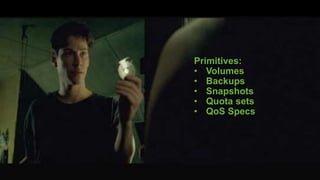 Primitives:
• Volumes
• Backups
• Snapshots
• Quota sets
• QoS Specs
 