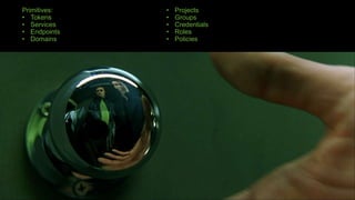 Primitives:
• Tokens
• Services
• Endpoints
• Domains
• Projects
• Groups
• Credentials
• Roles
• Policies
 