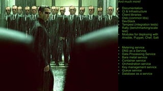 And much more!
• Documentation
• CI & Infrastructure
• Client libraries
• Oslo (common libs)
• DevStack
• Tempest (integration tests)
• Rally (benchmarking/scale
test)
• Modules for deploying with
Ansible, Puppet, Chef, Salt
• Metering service
• DNS as a Service
• Data Processing Service
• Bare metal service
• Container service
• Orchestration service
• Key management service
• Queue service
• Database as a service
 