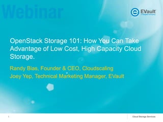 OpenStack Storage 101: How You Can Take
Advantage of Low Cost, High Capacity Cloud
Storage.
Randy Bias, Founder & CEO, Cloudscaling
Joey Yep, Technical Marketing Manager, EVault

1

Cloud Storage Services

 