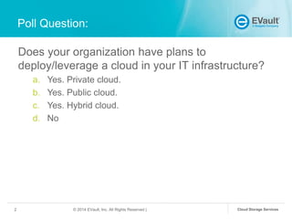 Poll Question:
Does your organization have plans to
deploy/leverage a cloud in your IT infrastructure?
a.
b.
c.
d.

2

Yes. Private cloud.
Yes. Public cloud.
Yes. Hybrid cloud.
No

© 2014 EVault, Inc. All Rights Reserved |

Cloud Storage Services

 