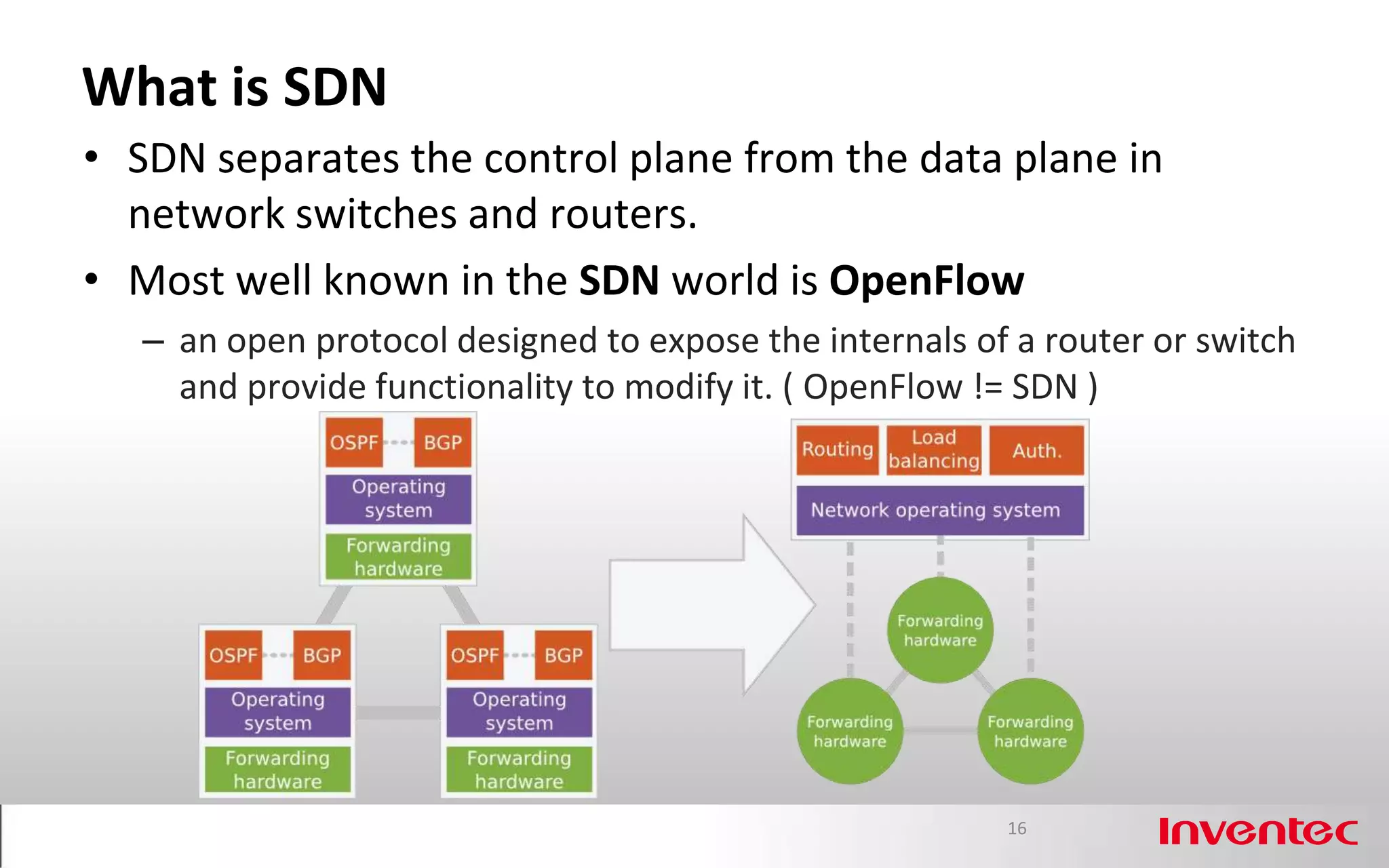 What is SDN
• SDN separates the control plane from the data plane in
  network switches and routers.
• Most well known in the SDN world is OpenFlow
   – an open protocol designed to expose the internals of a router or switch
     and provide functionality to modify it. ( OpenFlow != SDN )




                                                         16
 