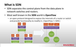 What is SDN
• SDN separates the control plane from the data plane in
  network switches and routers.
• Most well known in the SDN world is OpenFlow
   – an open protocol designed to expose the internals of a router or switch
     and provide functionality to modify it. ( OpenFlow != SDN )




                                                         16
 
