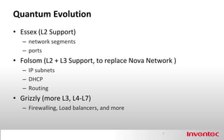 Quantum Evolution
• Essex (L2 Support)
   – network segments
   – ports
• Folsom (L2 + L3 Support, to replace Nova Network )
   – IP subnets
   – DHCP
   – Routing
• Grizzly (more L3, L4-L7)
   – Firewalling, Load balancers, and more


                                               7
 