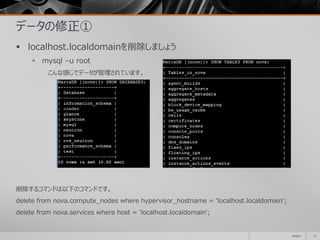 データの修正①
 localhost.localdomainを削除しましょう
 mysql –u root
こんな感じでデータが管理されています。
削除するコマンドは以下のコマンドです。
delete from nova.compute_nodes where hypervisor_hostname = 'localhost.localdomain';
delete from nova.services where host = 'localhost.localdomain';
2014/11 17
 