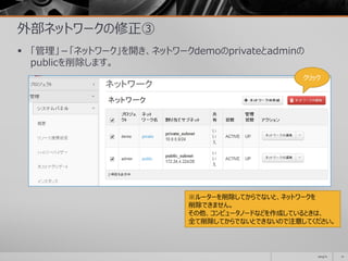 外部ネットワークの修正③
 「管理」－「ネットワーク」を開き、ネットワークdemoのprivateとadminの
publicを削除します。
2014/11 21
クリック
※ルーターを削除してからでないと、ネットワークを
削除できません。
その他、コンピュータノードなどを作成しているときは、
全て削除してからでないとできないので注意してください。
 