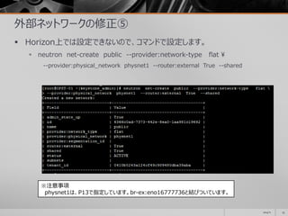 外部ネットワークの修正⑤
 Horizon上では設定できないので、コマンドで設定します。
 neutron net-create public --provider:network-type flat 
--provider:physical_network physnet1 --router:external True --shared
2014/11 23
※注意事項
physnet1は、P13で指定しています。br-ex:eno16777736と結びついています。
 