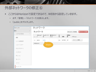 外部ネットワークの修正⑥
 ここからはHorizonで設定できるので、WEBから設定していきます。
 まず、「管理」－「ネットワーク」を表示します。
 「public」をクリックします。
2014/11 24
クリック
 