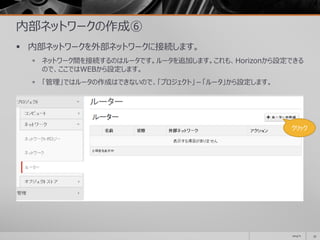 内部ネットワークの作成⑥
 内部ネットワークを外部ネットワークに接続します。
 ネットワーク間を接続するのはルータです。ルータを追加します。これも、Horizonから設定できる
ので、ここではWEBから設定します。
 「管理」ではルータの作成はできないので、「プロジェクト」－「ルータ」から設定します。
2014/11 33
クリック
 