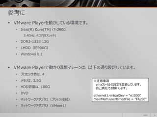 参考に
 VMware Playerを動かしている環境です。
 Intel(R) Core(TM) i7-2600
3.4GHz, 4コア(8スレッド)
 DDR3-1333 12G
 1HDD（約900G）
 Windows 8.1
 VMware Playerで動かく仮想マシーンは、以下の通り設定しています。
 プロセッサ数は、4
 メモリは、3.5G
 HDD容量は、100G
 DVD
 ネットワークアダプタ1（ブリッジ接続）
 ネットワークアダプタ2（VMnet1）
2014/11 5
※注意事項
vmxファイルの設定を変更しています。
自己責任でお願いします。
ethernet1.virtualDev = "e1000"
mainMem.useNamedFile = "FALSE"
 
