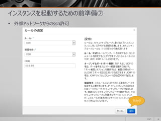 インスタンスを起動するための前準備⑦
 外部ネットワークからのssh許可
2014/11 53
クリック
 