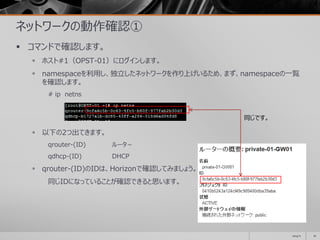 ネットワークの動作確認①
 コマンドで確認します。
 ホスト#1（OPST-01）にログインします。
 namespaceを利用し、独立したネットワークを作り上げいるため、まず、namespaceの一覧
を確認します。
# ip netns
 以下の2つ出てきます。
qrouter-(ID) ルータ－
qdhcp-(ID) DHCP
 qrouter-(ID)のIDは、Horizonで確認してみましょう。
同じIDになっていることが確認できると思います。
2014/11 61
同じです。
 