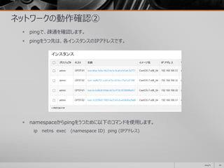 ネットワークの動作確認②
 pingで、疎通を確認します。
 pingをうつ先は、各インスタンスのIPアドレスです。
 namespaceからpingをうつために以下のコマンドを使用します。
ip netns exec (namespace ID) ping (IPアドレス)
2014/11 62
 