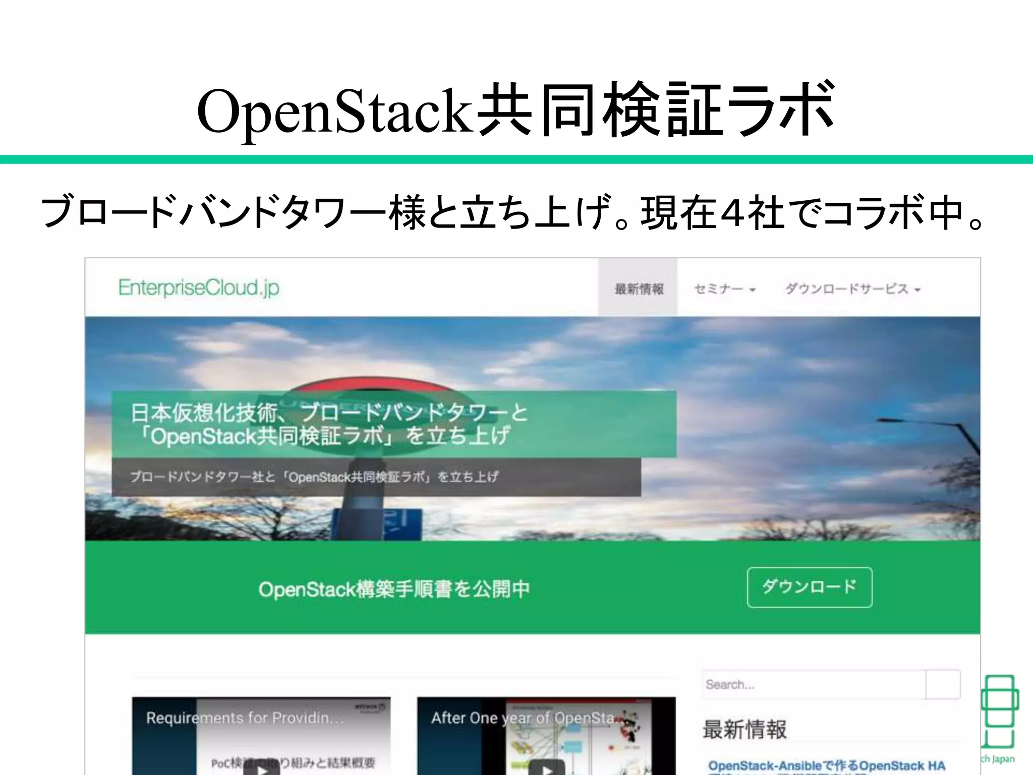 OpenStack共同検証ラボ
11
ブロードバンドタワー様と立ち上げ。現在４社でコラボ中。
 