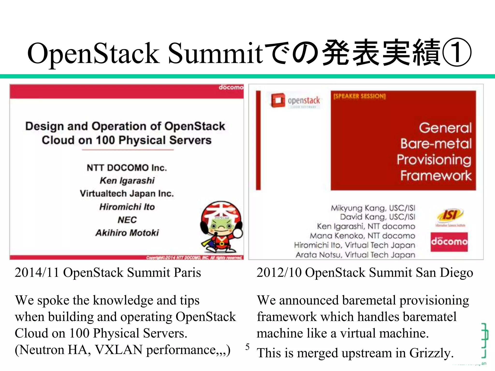 OpenStack Summitでの発表実績①
2014/11 OpenStack Summit Paris
We spoke the knowledge and tips
when building and operating OpenStack
Cloud on 100 Physical Servers.
(Neutron HA, VXLAN performance,,,)
2012/10 OpenStack Summit San Diego
We announced baremetal provisioning
framework which handles barematel
machine like a virtual machine.
This is merged upstream in Grizzly.
5
 