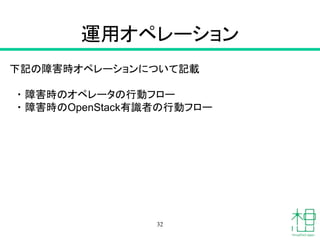 運用オペレーション
32
下記の障害時オペレーションについて記載
・ 障害時のオペレータの行動フロー
・ 障害時のOpenStack有識者の行動フロー
 