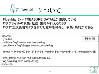 について
16
Fluentdとは・・・TREASURE DATA社が開発している
ログファイルの収集・転送・集約が行えるOSS
ログに正規表現でタグを付けし意味を付与し、収集・集約ができる
<source>
type tail
path /var/log/nova/nova-compute.log
pos_file /var/log/td-agent/nova-compute.log
format /^(?<time>[0-9]{4}-[^ ]* [^ ]*) (?<pid>[^ ]*) (?<level>[^ ]*) (?<message>.*)$/
time_format %Y-%m-%d %H:%M:%S.%L
tag nova.log.nova-compute.log
</source>
設定例
 